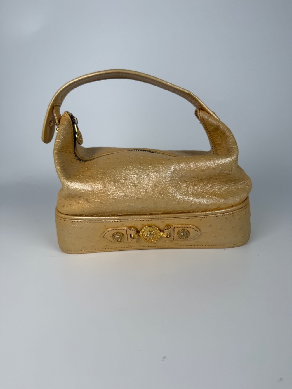 Gianni Versace Vintage Gold Vanity Ostrich Leather Top Handle Bag